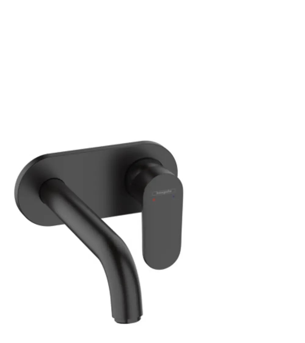 Ein schwarzer Waschtischmischer mit einem langen Auslauf und einem Bedienhebel. Die Markierung für heißes und kaltes Wasser ist farblich gekennzeichnet. Produkt von Hansgrohe.